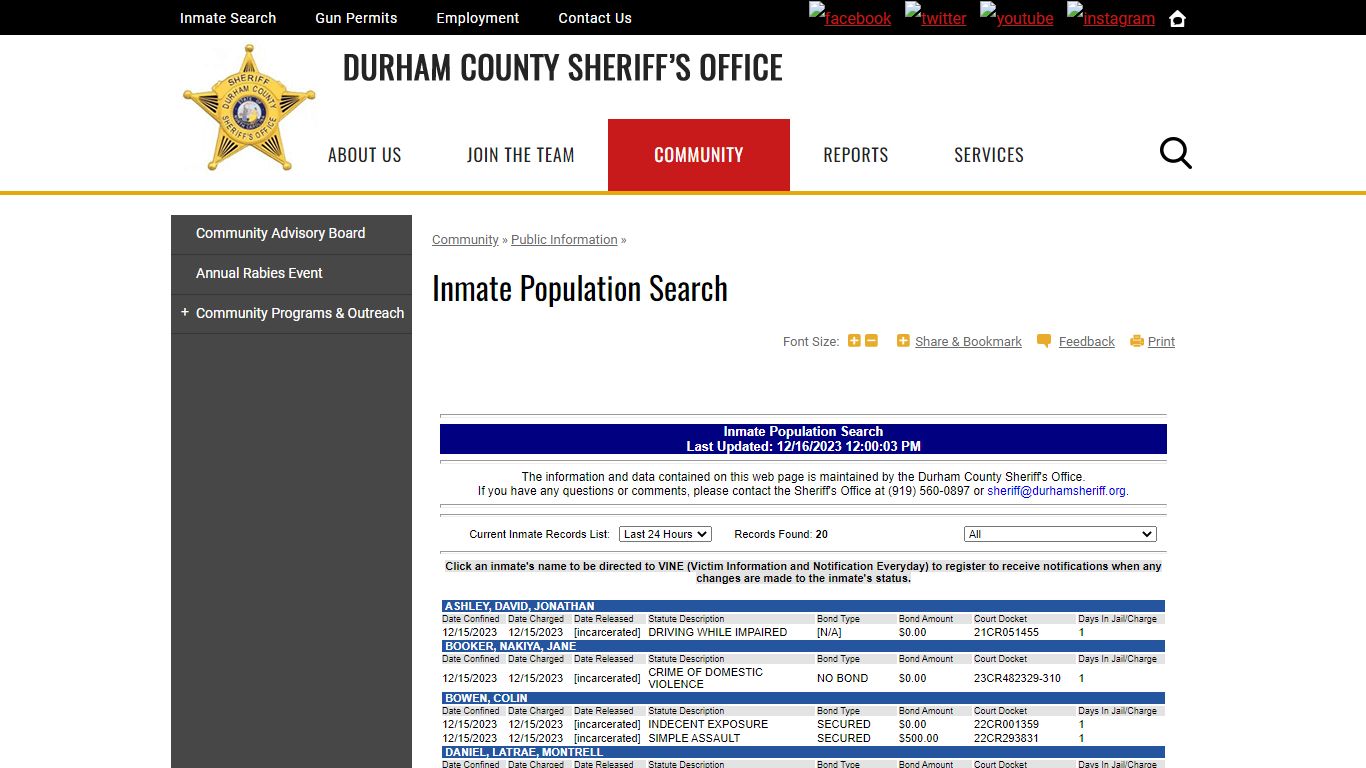 Inmate Population Search | Durham County Sheriff